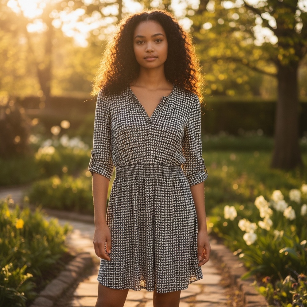 En Focus Black and White Patterned Dress 6P